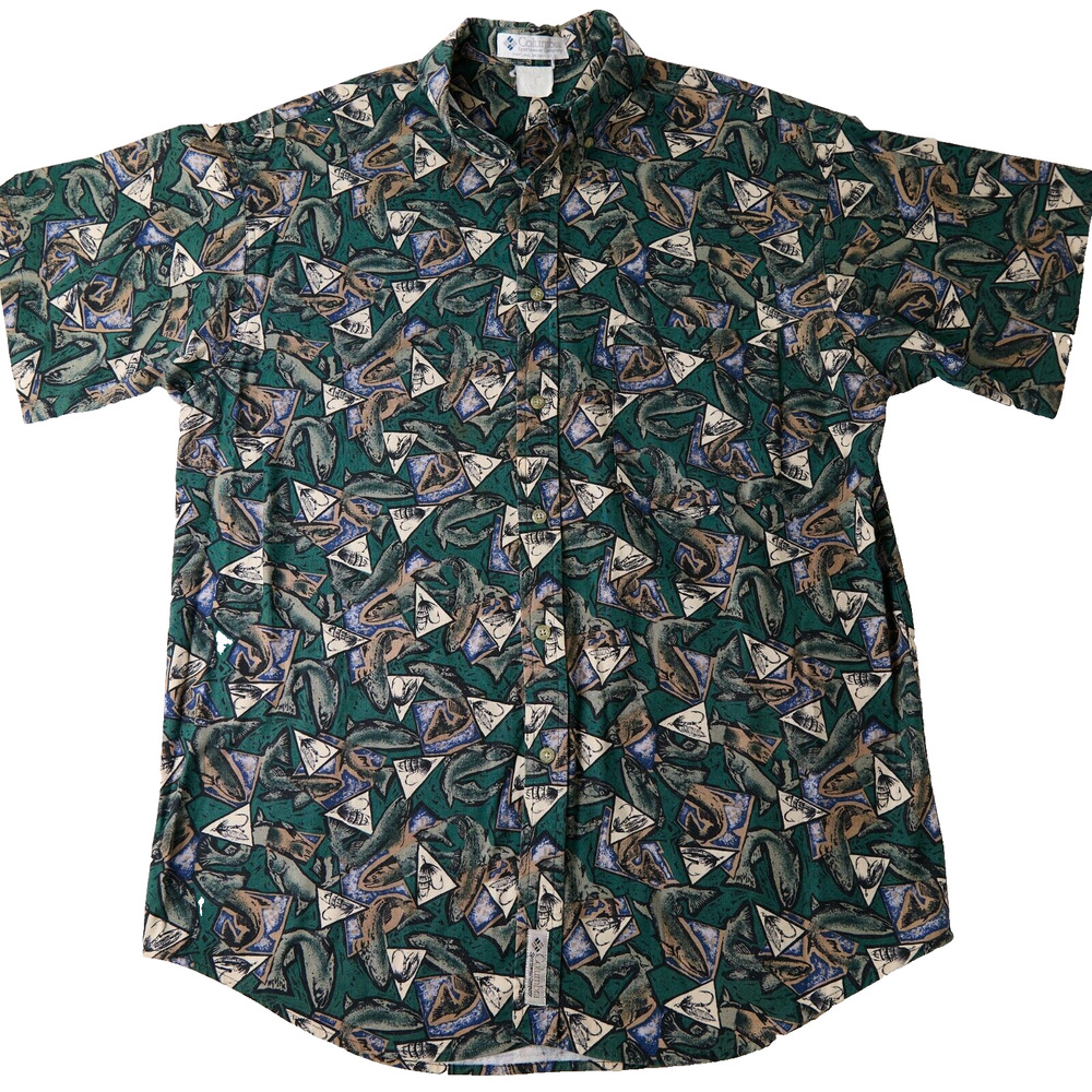 Vtg Columbia Fish Print Shirt Sz L Green Button Down Outdoors Angler Fishing 90s